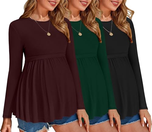 Ekouaer Maternity Shirts 3 Pack Pleated Long Sleeve Tops Pregnancy Clothes