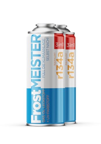 FrostMEISTER 3in1 – Auto-Klimaanlage Nachfüllset, 2x 400 ml – Schnelles & einfaches Kältemittel/Öl/Dichtmittel-System (R134a 1995–2016)