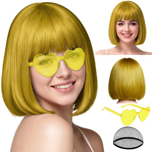 Image of PLULON Gold Short Bob Wig with Bangs for Women, Colorful Neon Short Bob Synthetic Hair Wigs with Hair Cap Heart Sunglasses for Adults Girls Men Daily Bachelorette Halloween Costume Party Supplies