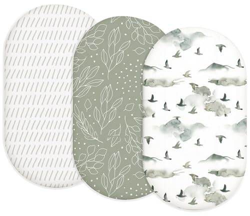 Image of Bassinet Sheets for Baby Girls Boys 3 Pack, Fitted Baby Mattress Sheet for Rectangle, Oval, Hourglass Bassinet Mattress, Breathable Cozy & Universal Fit (Sage Trail, Bassinet Sheet)