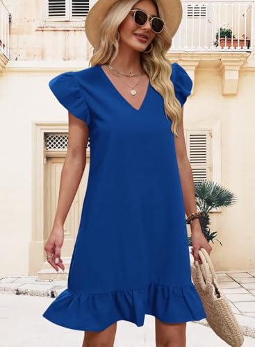 Image of QACOHU Spring Summer Dresses for Women 2026 V Neck Cap Sleeve Ruffle Hem Smock Short Casual Beach Dress