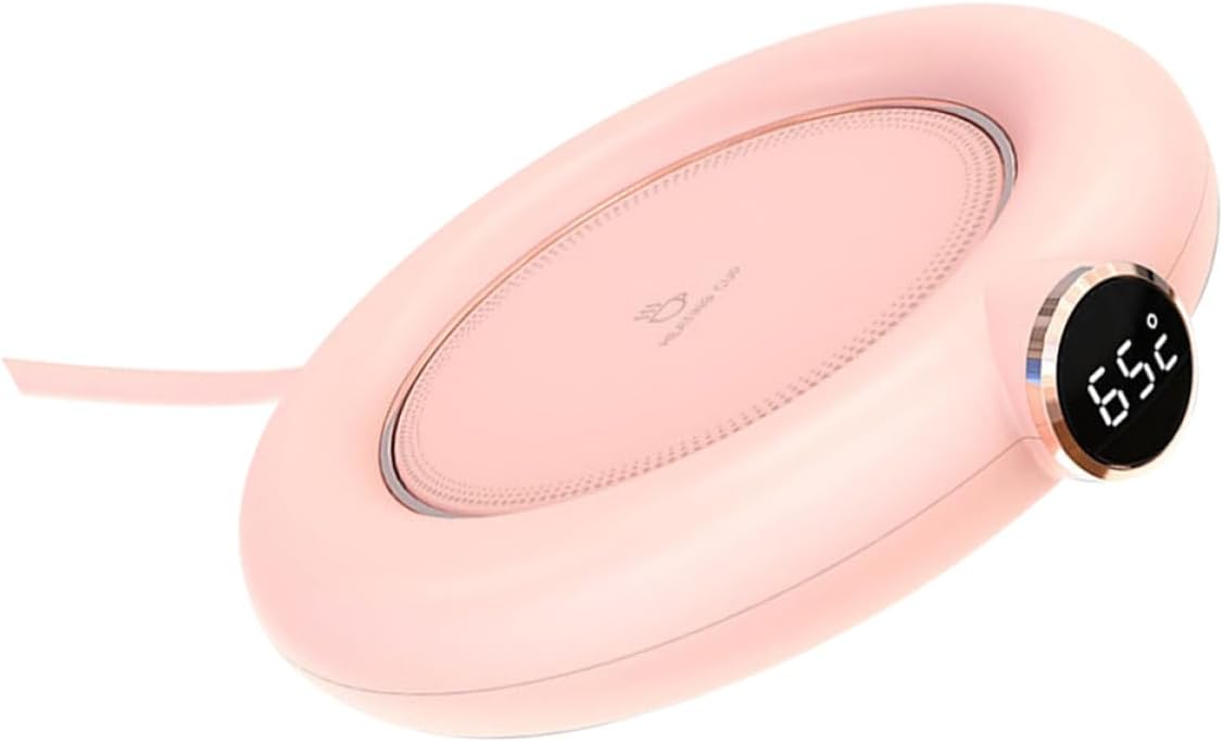 STOBAZA USB Temperature-Controlled Coffee Cup Warmer Level Digital Display Plastic Heating Coaster for Home and Office Auto Shut-Off Timer Compact Desk Beverage Warmer in Pink