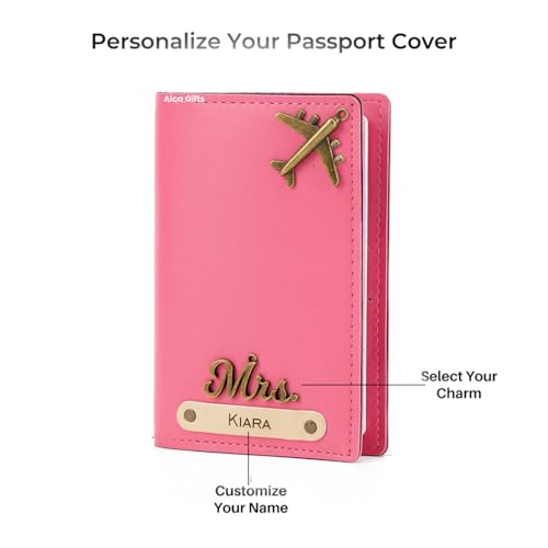 Image of AICA Personalised Name & Charm Leather Passport Cover Holder for Women (Darkpink) | Gifts for Woman | Passport Cover for Women | Diwali gifts for family and Friends | Travel Accessories | Diwali Gifts