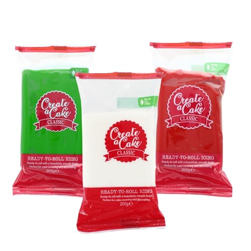 Create A Cake Ready To Roll Icing | Red, Green, & White Christmas Multipack Fondant Icing | 3 Pack Palm Free Sugar Paste For Cake Decorating, Cupcakes, Cookies, Cakes - 600g Create A Cake Ready To Roll Icing | Red, Green, & White Christmas Multipack Fondant Icing | 3 Pack Palm Free Sugar Paste For Cake Decorating, Cupcakes, Cookies, Cakes - 600g