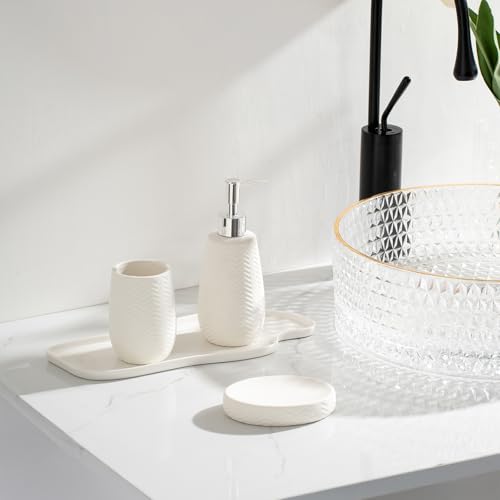 White Bathroom Accessories Set, 3pcs Ceramic Wave Design Farmhouse Decor, Complete countertop Bathroom Decor with soap Dispenser，Toothbrush Holder and soap Dish for Stylish Bathroom Organization by JOLOSK - Image 4