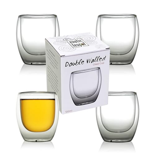 The Exotic Teapot - Set of 4 Double Wall Glass Cups, 120ml, Thermo Insulated for Tea Coffee, Espresso, Colorless