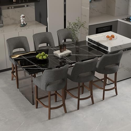 Image of VKNOW Bar Stools Set of 6, 26 inch Upholstered Counter Height Bar Stools, Modern Counter Stools with Wood Legs for Kitchen Island Dining Room Bar, Charcoal
