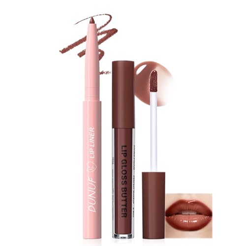 Prreal Lot de 2 rouges à lèvres marron et gloss au beurre, crayon à lèvres mat avec huile hydratante, longue durée, imperméable, lisse et soyeux, 04