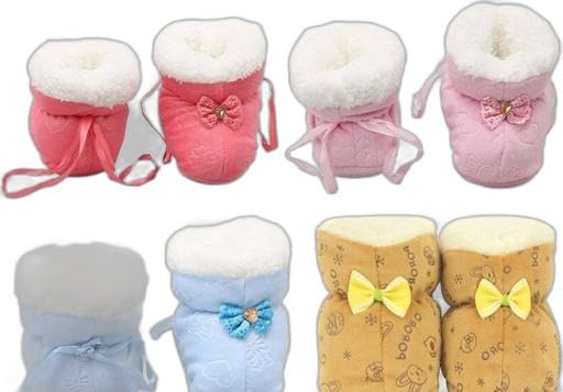 New Born Baby Booties Fancy Socks Cum Shoes with Fur Design for Winter and All Seasons Unisex Booties (Toe to Heel Length - 12 cm,Red,Pink, Blue,Brown) Pack of 4-image-31