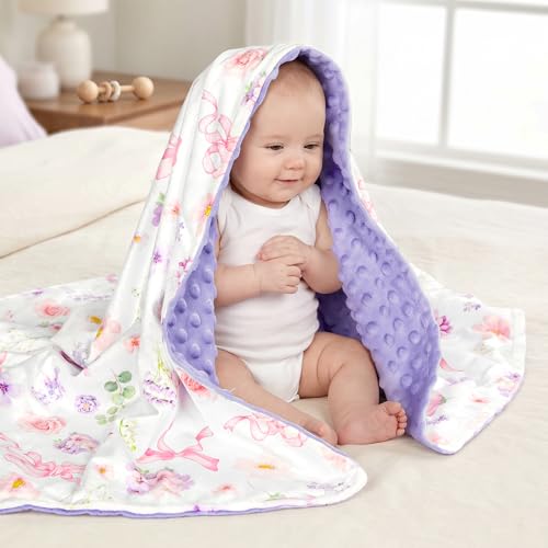 Image of Pea Pod Baby Girls Blanket Soft Floral Minky Blanket for Newborn, 30'' x 40'' Double Layer Design, Dotted Backing Breathable Bows Baby Quilt Crib Blanket for Nursery /Stroller /Toddler Bed /Baby Car Seat