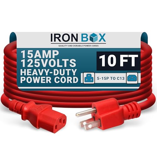 IronBox Electric - Heavy-Duty 5-15P to C13 Power Cord - 3 Prong 15A 125V 14/3 SJT PC Cable - Cord for Computer, Monitor, Subwoofer, Amplifier - Cable for Power Supply - (Red 10 Foot)
