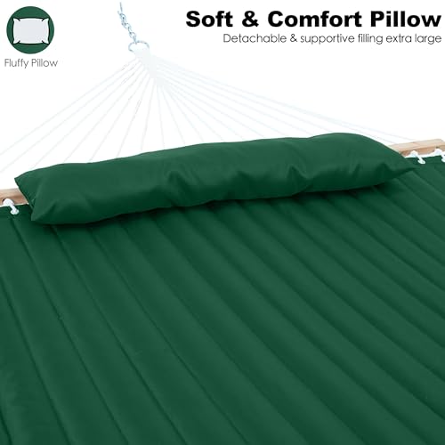 Image of GAFETE Hammock 2 Person Quilted Fabric Hammocks for Outside, Double 12ft Hammocks with Spreader Bar, Large Removable Pillow, Storage Bag, Carabiners, Max 475 lbs Capacity (Night Green)