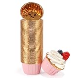 TRUSBER Pink and Gold Foil Cupcake Liners,100 pcs Disposable Muffin Liners 3.5 Oz Wrappers for Baking, Metallic Muffin Paper Cases Baking Cups