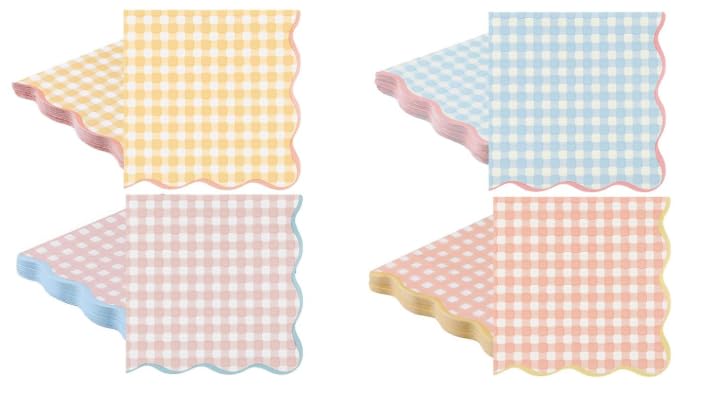 100pcs Pastel Gingham Napkins 4 Colors Scalloped Edge Tissue Paper Disposable Gingham Napkins for Party Dinner Birthday Celebrations 5 x 5 Inches