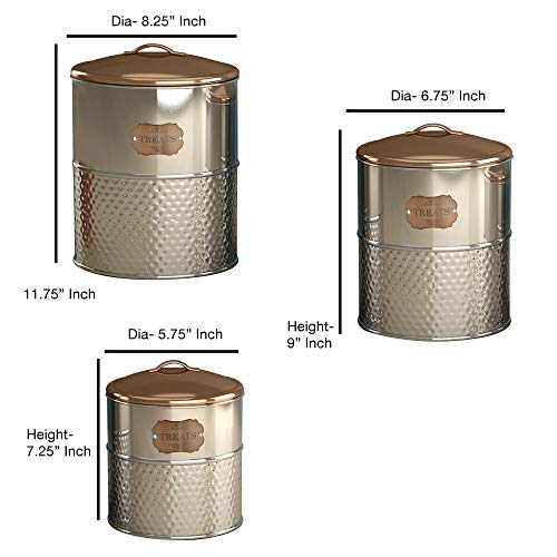 Nu Steel Metal"Treats" Hammered Stainless Steel 3 Pc Set Jumbo Pet Canister With Copper Lid, Dog Food Treat Storage Container Jar With Lid, Tight Fitting Lids For Dog Biscuit Cookies #TOP1