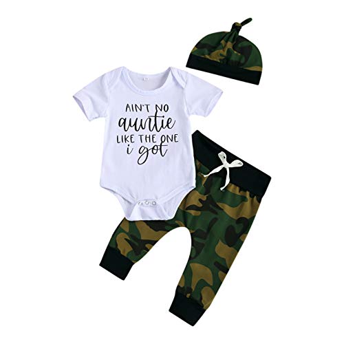 3Pcs/Set Newborn Infant Baby Boy Short Sleeve Romper+Camouflage Pants with Hat Outfit Clothes (12-18 Months, Auntie-Short Sleeve)