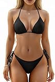 Holipick Two Piece Triangle Bikini Sets for Women String Bathing Suit Halter Top with Side Tie Bikini Bottom Black