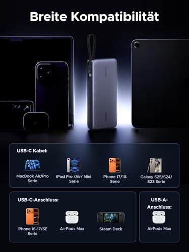 UGREEN Nexode Power Bank, 25000mAh, 165W snelladen met 2 geïntegreerde USB-C-kabels (140W PD3.1), compatibel met MacBook Pro 16", Dell XPS, iPad Pro, Steam Deck, Galaxy S25 Ultra, iPhone 17