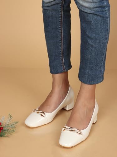 Image of ELLE Women's Square Toe Block Heels Slip-On Pumps with Chain Detail