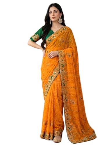 Image of SIRIL Women's Bandhani Printed Embroidery Georgette Saree with Unstitched Blouse Piece