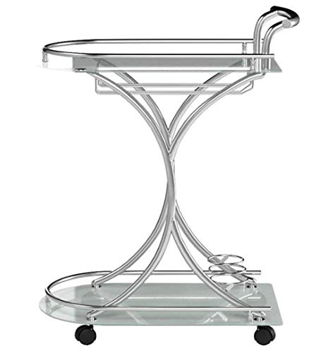 Coaster Home Furnishings Modern Contemporary 2 Shelf Serving Bar Cart Trolley Frosted White Tempered Glass Caster Wheels Wine Bottle Holder Stemware Rack Chrome #TOP1