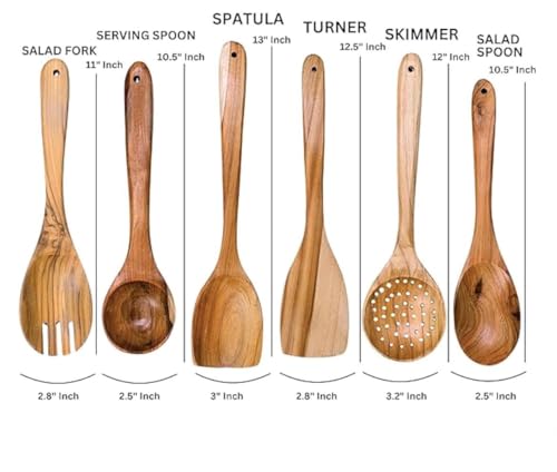 Image of Natural Wooden Spoon & Spatula Set for Cooking, Frying, Serving, Mixing, Turner, Ladle | 6 Pieces | Non Sticky | Heat-Resistant | Ecofriendly | No Polish, Chemical & BPA Free