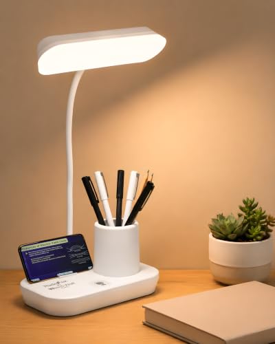 Image of WEIRD WOLF Rechargeable Study Table Lamp with Pen Holder & Mobile Stand, Touch Control, 3 Color Modes, Adjustable Flexible Gooseneck, USB Rechargeable Desk Lamp for Study, Reading, Office & Bedroom