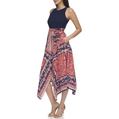 Image of Vince Camuto Women's Sleeveless High Neck Tie Waist Handkerchief Midi Dress
