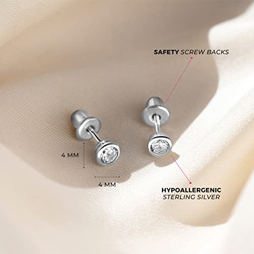 925 Sterling Silver 4mm Bezel Cubic Zirconia Toddler Girls Safety Screw Back Earrings - Locking Back Stud Earrings for Babies to Young Girls - Lightweight and Hypoallergenic Safe for Baby Girls4