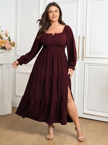SCOMCHIC Womens Plus Size Formal Dress Fall Long Sleeve Square Neck Flowy A Line Tiered Side Split Wedding Guest Maxi Dress2