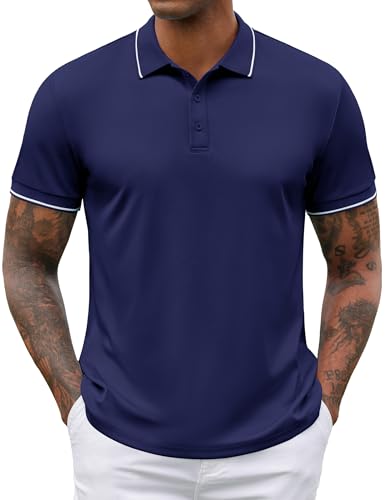 COOFANDY Mens Polo Shirts Short Sleeve Golf Polo Button Pullover Casual Contrast Color Basic T Shirt Ribbed Collar