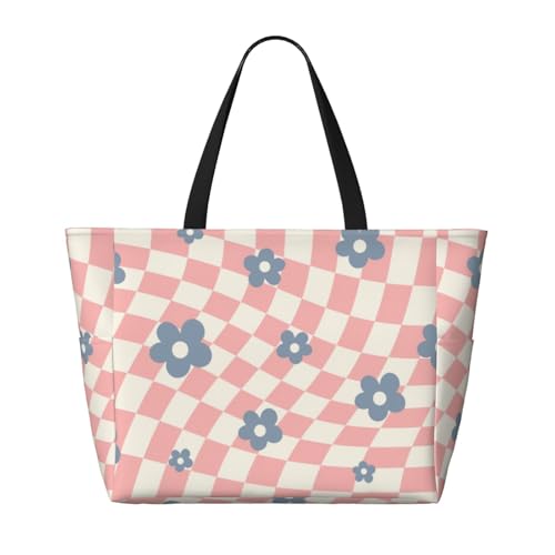 Pink Blue Checkered Floral Oversized Waterproof Beach Bag – Multi-Pocket Zipper Tote, Compact Foldable Design For Travel, Pool, Shopping & Outdoor Adventures2