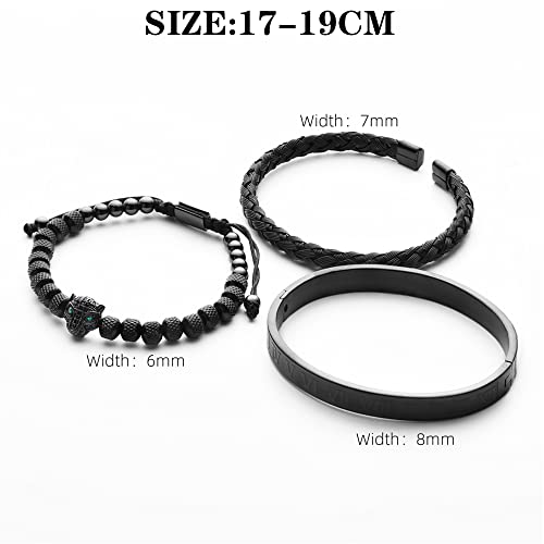 Aiduomirzer 3Pcs/Set Classical Handmade Braiding Bracelet Hip Hop Men Pave Cz Leopard Head Roman Numeral Bracelet Stainless Steel Jewelry (Black Set A) #TOP4