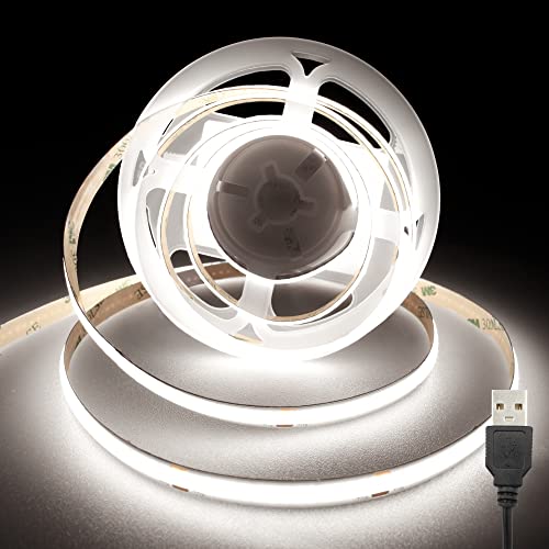Ruban LED COB USB 5V, 6000K Bandes LED 2m avec 320LEDs/M, CRI 90+, Largeur 8mm, Ruban LED Blanc Froid pour Rétroéclairage TV, Miroir, Armoire, Armoire, Escalier, Lumière DIY, Décoration de la Maison