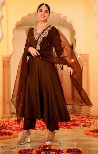 Image of Nermosa Women Solid Anarkali Kurta and Pant Set with Dupatta | Solid Kurta Set | Embroidery Kurta Set | Women Kurta Set |