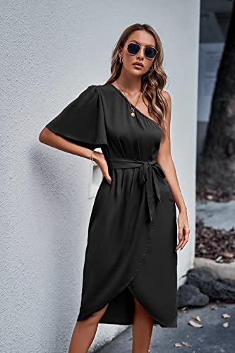 Votepretty Women's One Shoulder Cocktail Dress Ruched Bodycon Belted Short Sleeve Wedding Guest Dresses 2023 (Black,L) #TOP3