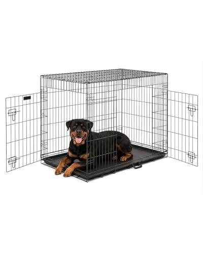 FurDreams 42 Folding Dog Crate for XL Dogs - Heavy-Duty Black Metal Cage with Front & Side Doors Chew-Resistant Plastic Tray & Carry Handle Quick Setup (107 × 69 × 77 cm)