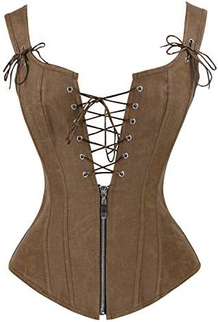 Charmian Women's Renaissance Lace Up Vintage Boned Bustier Corset with Garters Brown Large