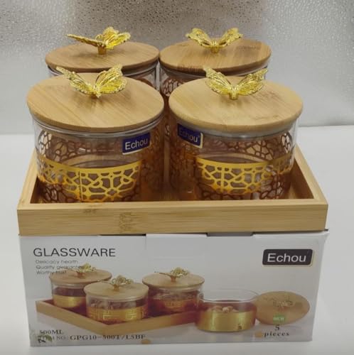 Image of DAILY SHOP ONLINE ROUND Glass Storage Container Jar Bowl With Bamboo BUTTERFLY Wooden Lids And Tray For Snack Candy Dry Fruit Canister (Set Of 4 Jar,685 ML Each)