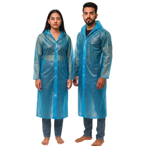 Image of ORILEY EVA Waterproof Raincoat for Men & Women with Hood Reusable Lightweight Rain Poncho Full Sleeves Rain Coat with Button Closure Outdoor Rainwear for Camping Hiking & Travelling (Free Size, Blue)