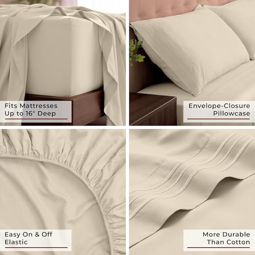 Image of Mellanni King Sheets Set - 4 PC Iconic Collection Bedding | Hotel Luxury, Extra Soft, Cooling Bed Sheets - Wrinkle, Fade, Stain Resistant (King, Beige)