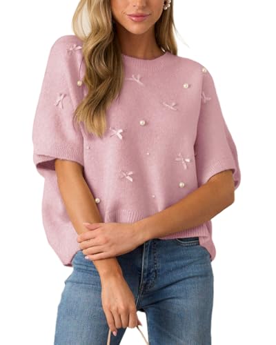 Kedera Womens Short Sleeve Bow Sweater Crewneck Cropped Pearl Top Bow Embellished Top Loose Pullover Thick Knitwear