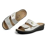 JOMIX Zapatillas de Mujer Mayor Cómodas, Pantuflas de Verano con Cierre Ajustable y Plantilla Extraíble de Piel Sandalias Anatómico Ergonómico con Cuña para Pies Sensibles Plateado 39