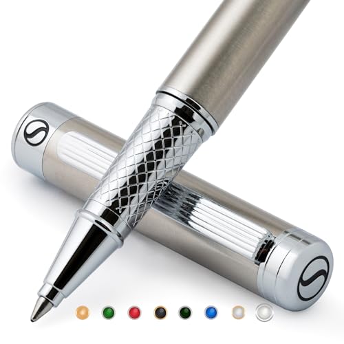 Image of Scriveiner Stainless Steel Rollerball Pen - Stunning Luxury Metal Pen with Silver Chrome Finish, Schmidt Ink Refill, Best Roller Ball Pen Gift Set for Men & Women