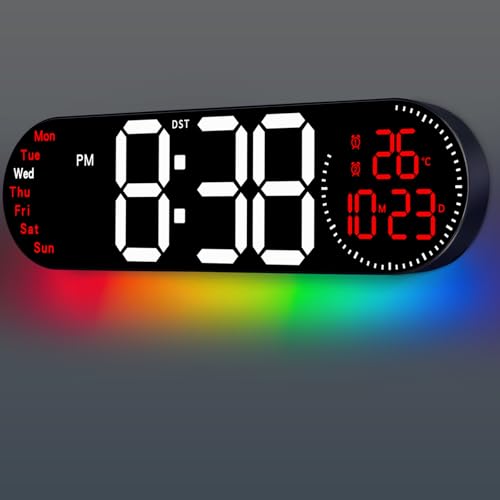 Image of 17.2 Inch Large Digital Wall Clock with 9 Color Changing Remote Control, Date Week Temperature, Auto Brightness Dimmer Big Clock Night Lights,Red