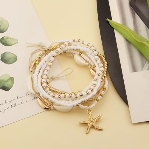 Image of Shell Anklets Bracelet for Women Waterproof Surfer Starfish Bracelet Puka Shell Anklet Colorful Boho Stack Stretch Bead Bracelet Set Hawaii Summer Beach Vacation Foot Jewelry