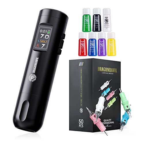 Wireless Tattoo Pen Kit, Dragonhawk X7 Tattoo Pen Machine Wireless Rotary Tattoo Gun Smart Display Two Replaceable Batteries 1,800Mah 50 Tattoo Cartridges Needles #TOP16