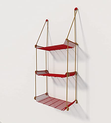 Image of Meshable Weebill 3-Tier Wall Hanging Metal Wall Shelf with Jute Rope, Home Decor Wall Shelves and Storage Racks with Elegant Design Ideal for for Balcony and Terrace, Standard Size - Red