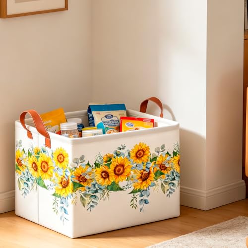 Image of CLOCOR Rectangular Storage Basket Empty,Gift Basket,Waterproof Storage Bin with Handles,Room Decor(Sunflower Rope)