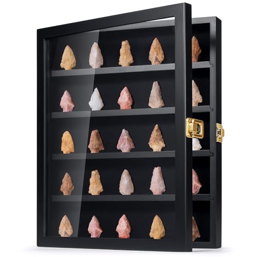 Image of TJ.MOREE Rock Display Case Black, Native American Arrowhead Display Case, Shadow Box Wall Mount for Crystal, Knife Display